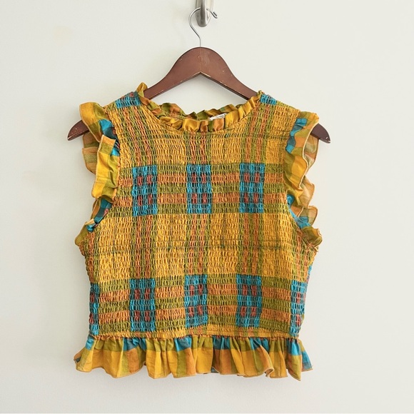 Andree by Unit Marley Mock Neck Smocked Top Plaid Pattern Yellow Blue Cropped M - Picture 4 of 13